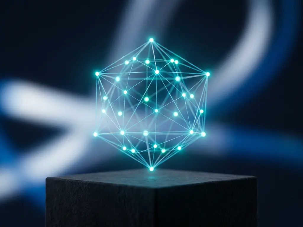 Leuchtendes Netzwerk aus Cyan- und Türkisknoten, das sich zu einer stabilen geometrischen Struktur über dunkler Oberfläche formt.
