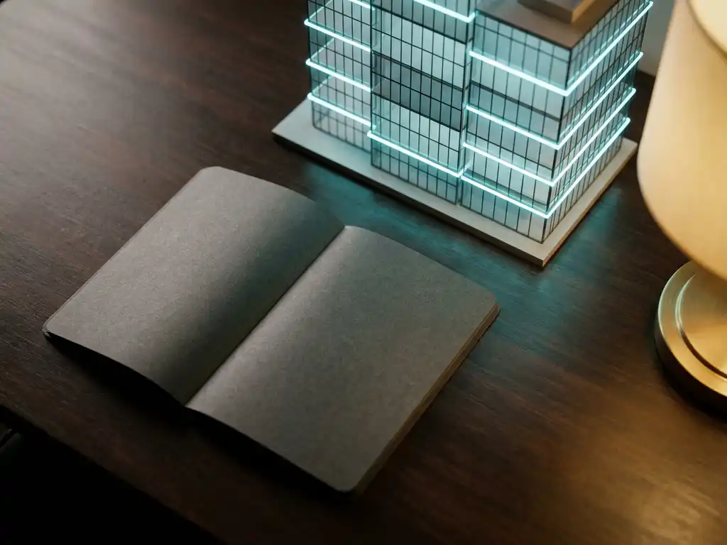 Aufgeschlagenes Notizbuch und minimalistisches Architekturmodell eines Bürogebäudes auf dunklem Schreibtisch im Flat-Lay-Stil.