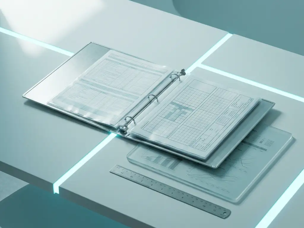Geöffneter Ordner mit transparenten Dokumentenhüllen auf hellgrauem Schreibtisch, Lineal und Datenblätter unter Milchglas, kühles Zyanblau-Licht.