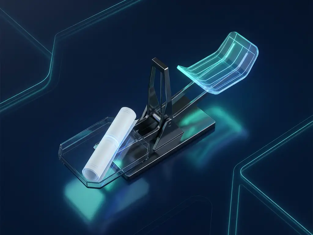 Analytische Waage mit einem einzelnen Dokument auf einer Seite, minimalistisch auf dunklem Untergrund mit türkisfarbenem Lichtdesign.