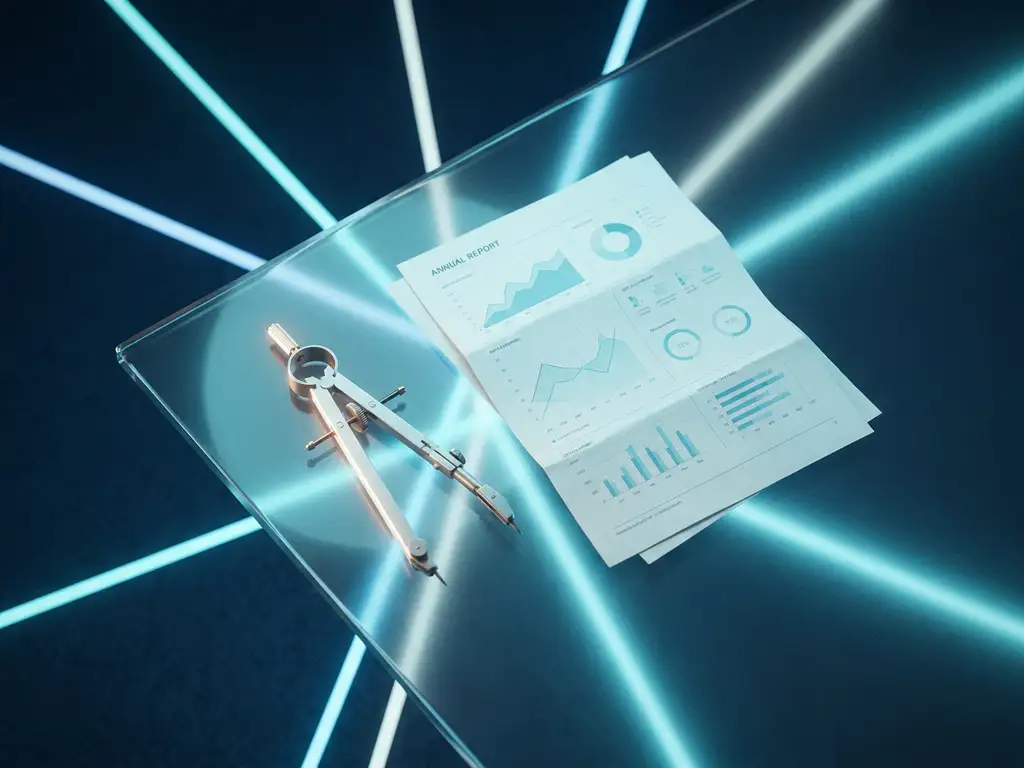 Präzisionszirkel auf Glasschreibtisch neben Finanzbericht, geometrische Lichtlinien auf dunkelblauem Hintergrund in Cyan-Tönen.