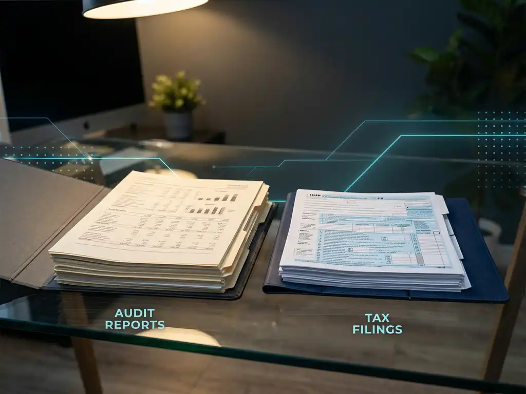 Zwei Dokumentenmappen mit Prüfberichten und Steuererklärungen auf Glasschreibtisch mit geometrischen Lichtmustern in Cyan.