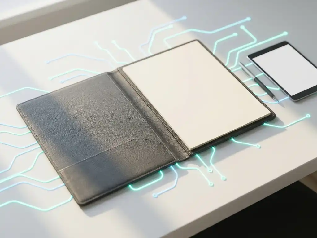 Geöffneter Rechtsordner auf weißem Schreibtisch mit leuchtenden Cyan-Netzwerklinien, Draufsicht in kühlen Blautönen.