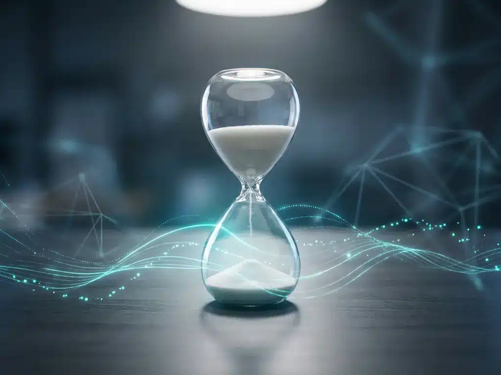 Glas-Sanduhr auf dunklem Schreibtisch mit leuchtenden Cyan-Lichtlinien und abstrakten Datenstrukturen im Hintergrund.