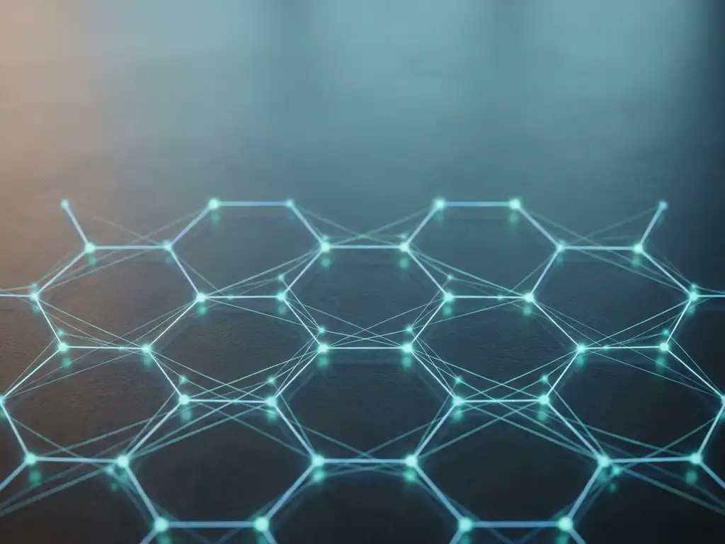 Leuchtendes hexagonales Gitternetz aus cyan-blauen Linien mit glühenden Knotenpunkten über dunkler Schieferoberfläche.