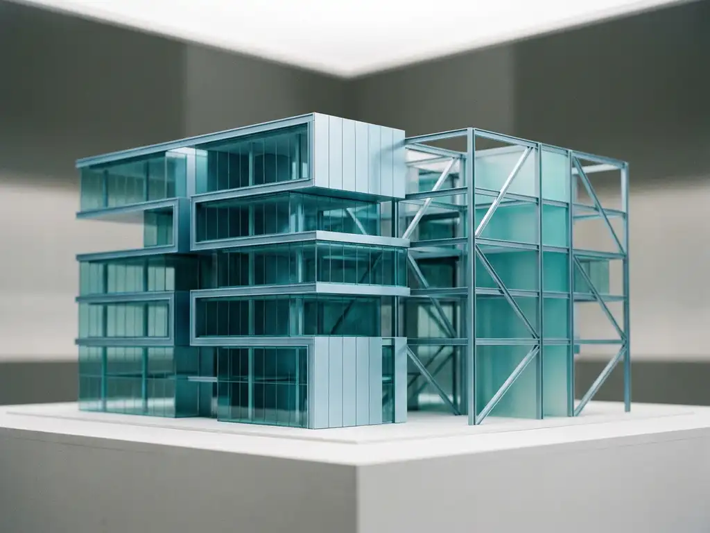 Architekturmodell eines Unternehmensgebäudes im Umbau, teils offen-strukturell, teils fertig montiert, in kühlen Blau- und Türkistönen.