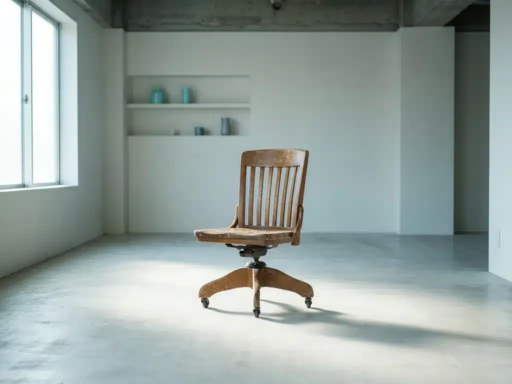 Verwitterter Holzschreibtischstuhl in einem minimalistischen Büro, langes Morgenlicht-Schatten auf blassem Betonboden, ruhige Atmosphäre.