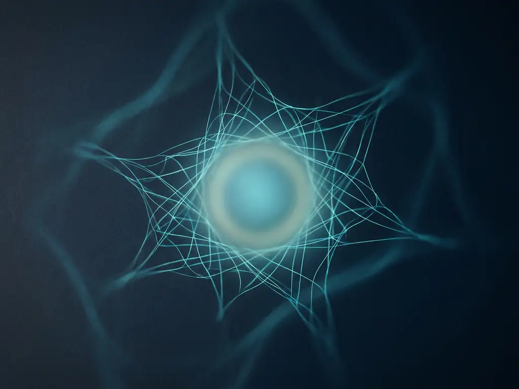 Leuchtendes Netzwerk aus Linien, die auf einen zentralen Knotenpunkt zulaufen, auf dunklem Untergrund in Navy, Cyan und Türkis.