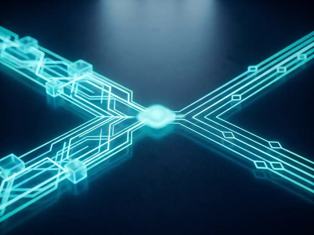 Leuchtende Cyan-Lichtpfade verzweigen sich an einem Knotenpunkt in zwei geometrische Strukturen auf dunkelblauem Untergrund.