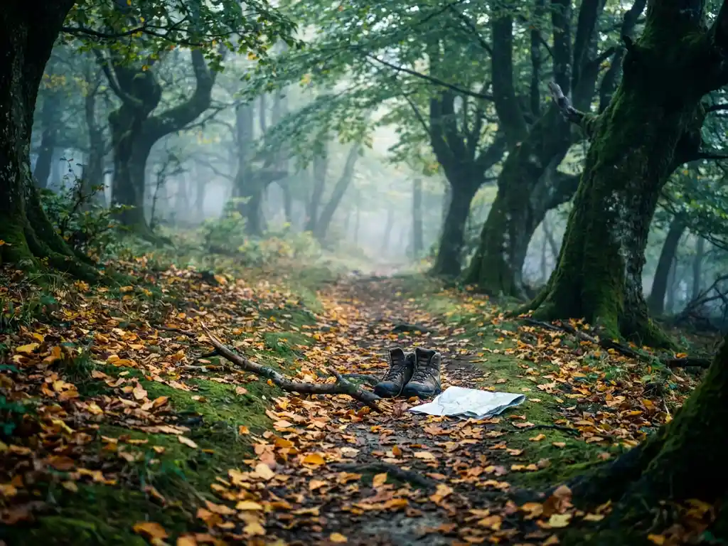 Schmaler Waldpfad mit herbstlichen Laubblättern im Morgennebel, weiches Licht filtert durch das Blätterdach.