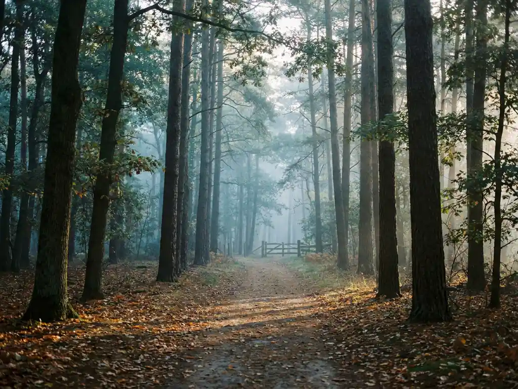 Herbstlicher Waldweg im Morgennebel, flankiert von hohen Bäumen mit langen Schatten und verstreuten Blättern auf dem Boden.