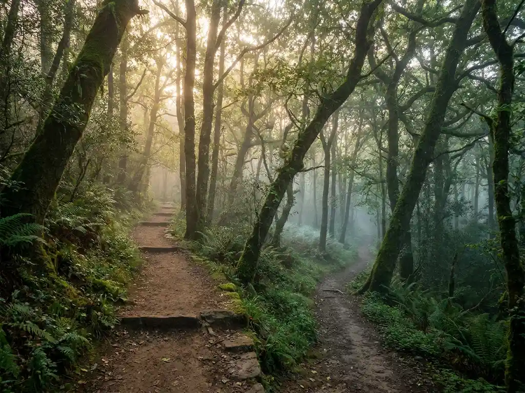 Schmaler Waldpfad teilt sich in zwei divergierende Wege zwischen hohen Bäumen, Morgennebel und sanftem Gegenlicht.