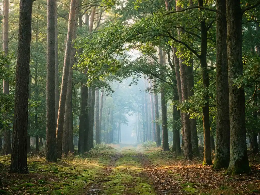 Waldweg im Morgennebel mit goldenem Lichteinfall durch grünes Blätterdach und moosbedecktem Boden.
