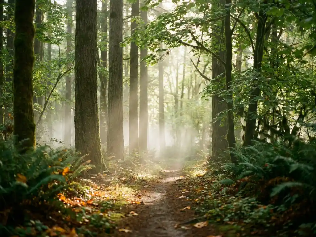 Verschlungener Waldpfad im Morgennebel, goldenes Licht filtert durch dichtes grünes Blätterdach zwischen hohen Bäumen.