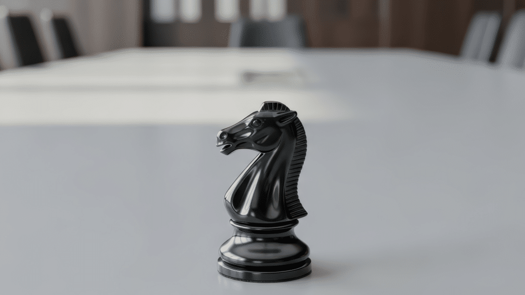 Glänzende schwarze Schachfigur in Form eines Pferdekopfes auf einem Konferenztisch zum Thema BEM bei AHW.