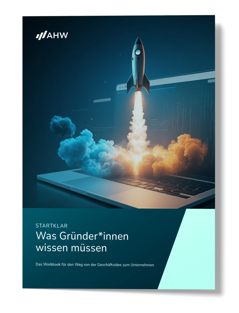 AHW-Workbook „Startklar“ zeigt eine Rakete, die aus einem Laptop startet, mit dem Titel „Was Gründer*innen wissen müssen“.