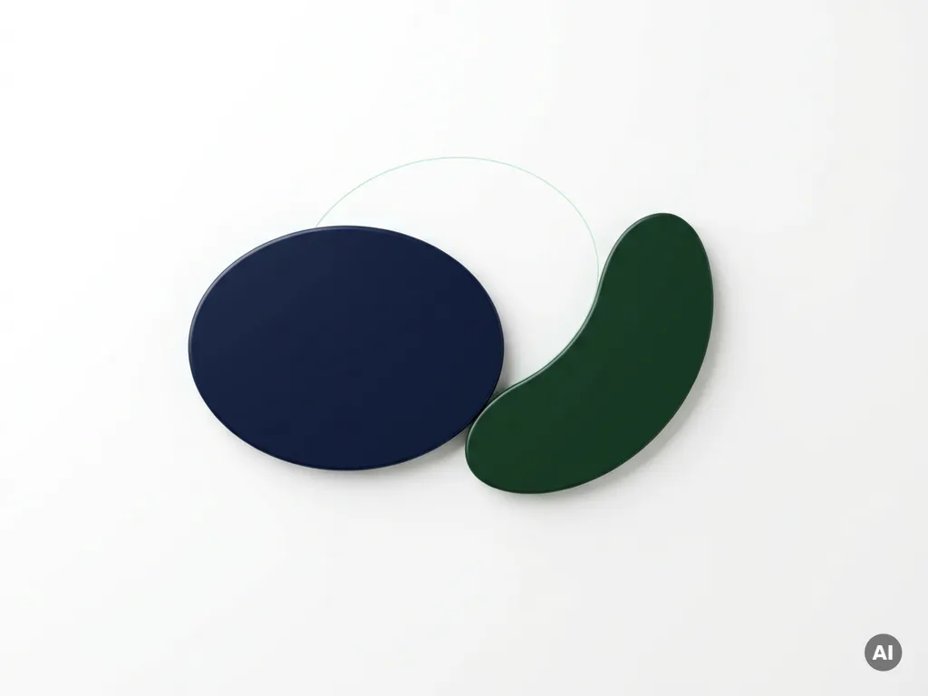 Dunkelblauer Ellipsoid und waldgrüne Kurvenform überlappen sich auf weißem Hintergrund mit feinem Bogen und minimalistischem Design.