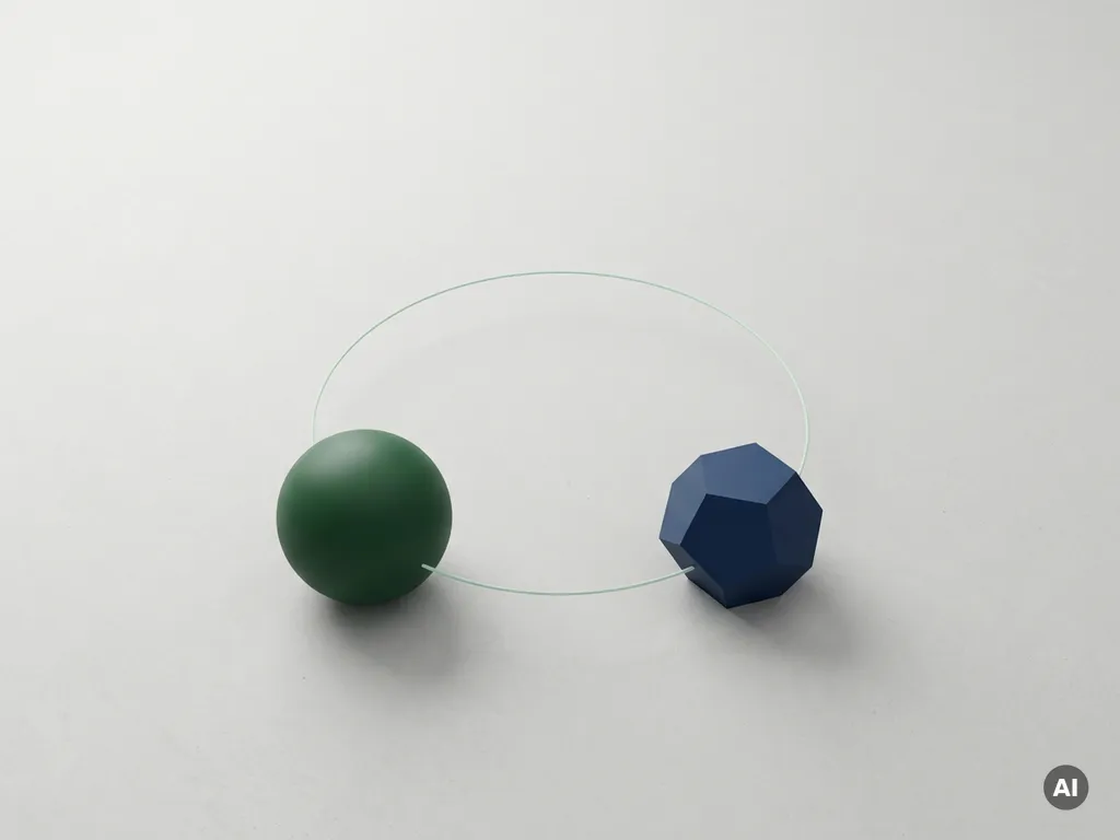 Dunkelgrüne Kugel und mitternachtsblaue geometrische Form auf grauer Fläche, verbunden durch einen mintfarbenen Bogen, 3D-Render.