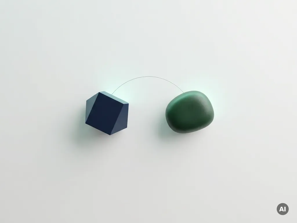 Dunkelblaue geometrische Form und dunkelgrüne organische Form auf hellgrauem Untergrund, verbunden durch einen feinen Bogen, minimalistisches Studio-Flatlay.